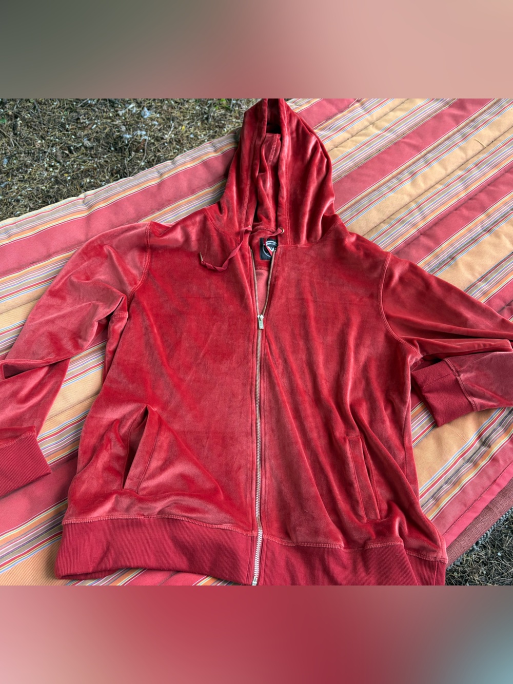 White Mark Red Velour Zip-Up Hoodie with Gold Hardware